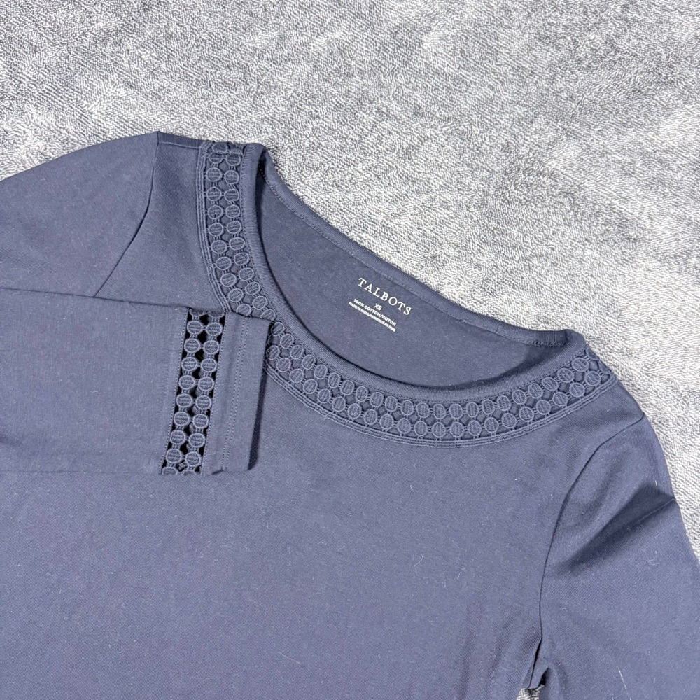 Talbots Navy Blue 100% Cotton Crochet Eyelet Trim 3/4 Sleeve Top XS